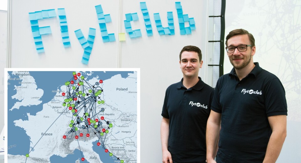 Flyt.Clubs Peter Nürnberger (t.v.) forsikrer om at tjenesten har solid juridisk forankring. Nå vil de ekspandere og at markedsandeler fra Skyüber. Til venstre: Flyt.Clubs egen «flight radar» viser flyvingene som tilbys til enhver tid. Tilbudet vokser daglig, og med engelsk portal venter gründerne ny vekst.