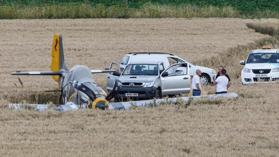 I ÅKEREN: Mustangen foretok en vellykket nødlanding i en kornåker ikke langt fra rullebanen.