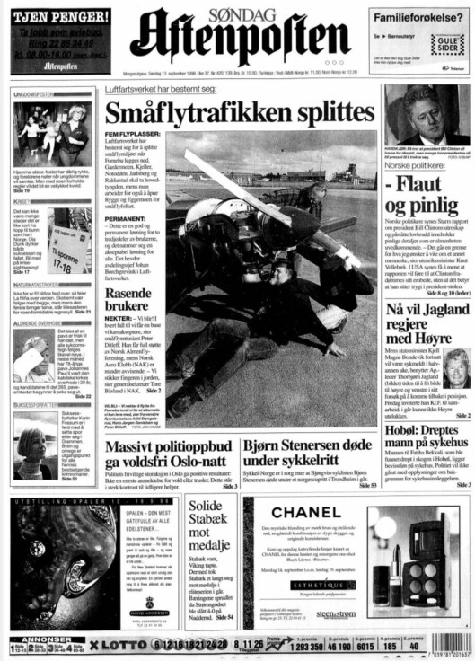 STOR SAK: Aftenpostens forside 13. september 1998 var viet allmennflymiljøet på Fornebus vanskelige situasjon.