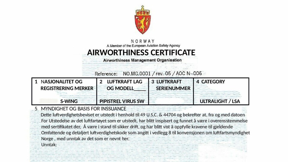 Luftfartstilsynet har mottatt flere henvendelser fra potensielle flykjøpere som har oppdaget mikrofly med falske luftdyktighetsbevis. Bildet viser en sladdet versjon et av de falske bevisene. Foto: Via Luftfartstilsynet