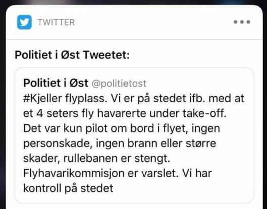 OPPMERKSOMHET: Hendelsen ble omtalt av både politiet på Twitter og en rekke nyhetsnettsteder. OPPMERKSOMHET: Hendelsen ble omtalt av både politiet på Twitter og en rekke nyhetsnettsteder.