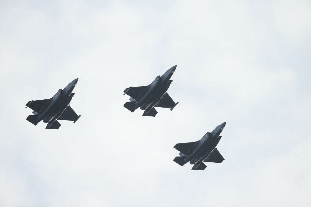 Tre av Forsvarets F-35A under dagens seremoni på Rygge.
