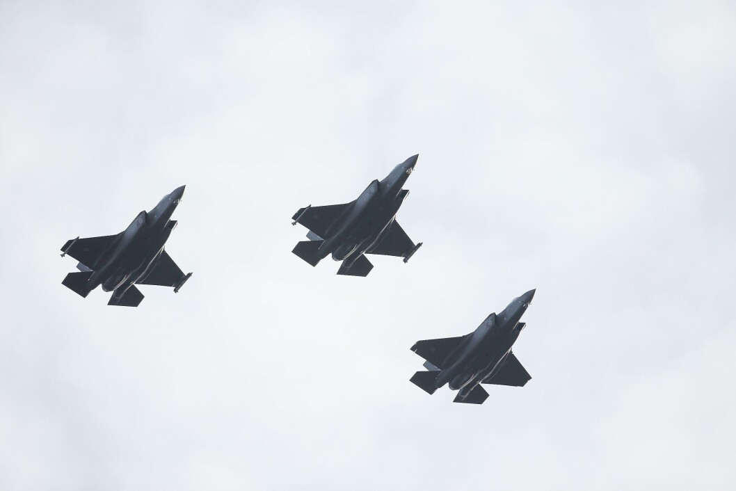 Tre av Forsvarets F-35A under dagens seremoni på Rygge. Tre av Forsvarets F-35A under dagens seremoni på Rygge.