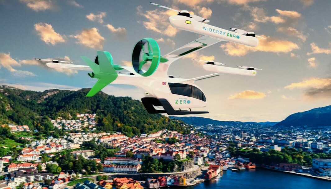 FREMTIDEN: Dette kan bli et vanlig syn i norske luftrom om noen år. Flyselskapet Widerøe skal samarbeide med den brasilianske flyprodusenten Embraer om å utvikle nye elektrisk drevne fly. Illustrasjon: Widerøe