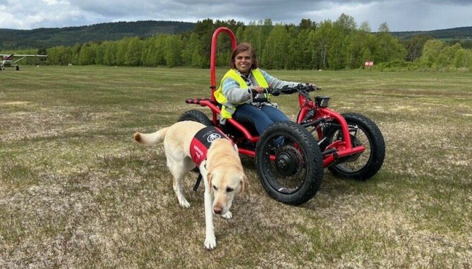 Rani Beate Ellingvåg får prøve Exoquad tilhørende LARS Innlandet. Også på bildet er servicehunden Orca, som er veldig kjent i miljøet i Tynset flyklubb. - Dette er en doning som er kjekk å ha i ulendt terreng, sier hun.